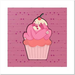 Funny sloth with cupcake in pink Posters and Art